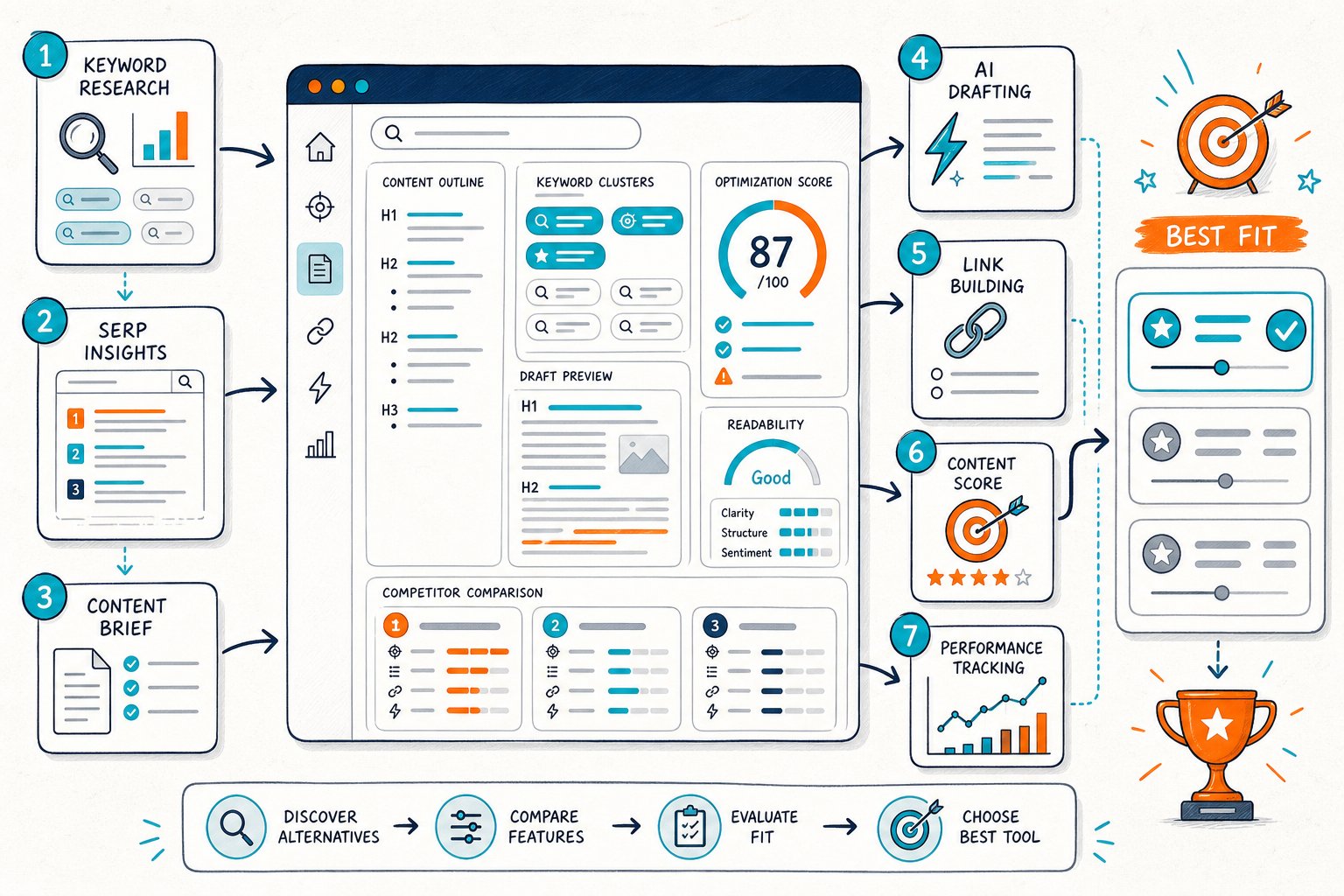 An SEO content optimization dashboard compares several software tool pathways using keyword, writing, linking, scoring, and analytics icons.