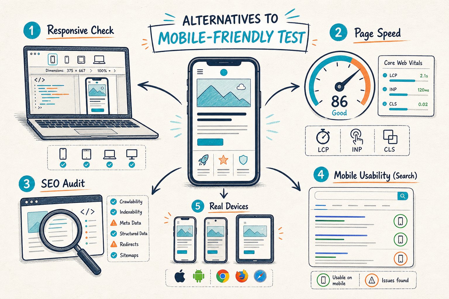 An infographic shows a smartphone webpage connected to alternative mobile SEO testing methods, including responsive checks, performance testing, technical audits, accessibility review, and real-device testing.