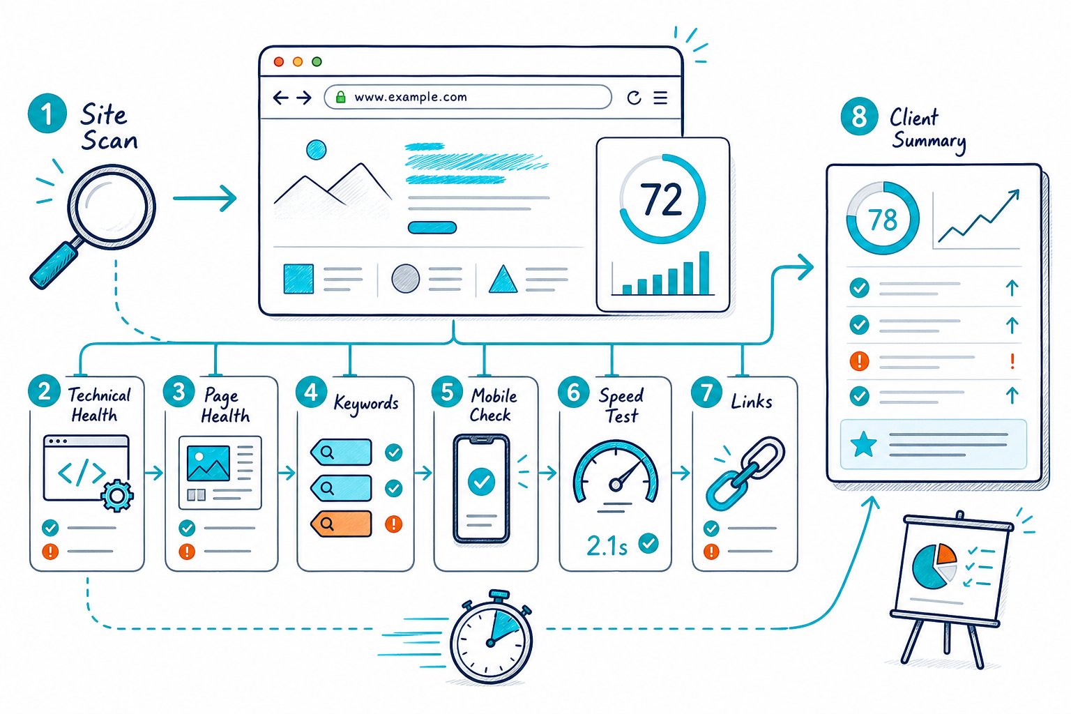 An illustrated workflow showing a website being checked for technical health, content, keywords, mobile usability, speed, links, and a final client report.