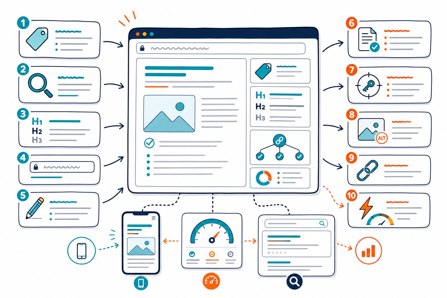 An illustrated webpage audit dashboard surrounded by checklist icons for reviewing key on-page SEO elements.