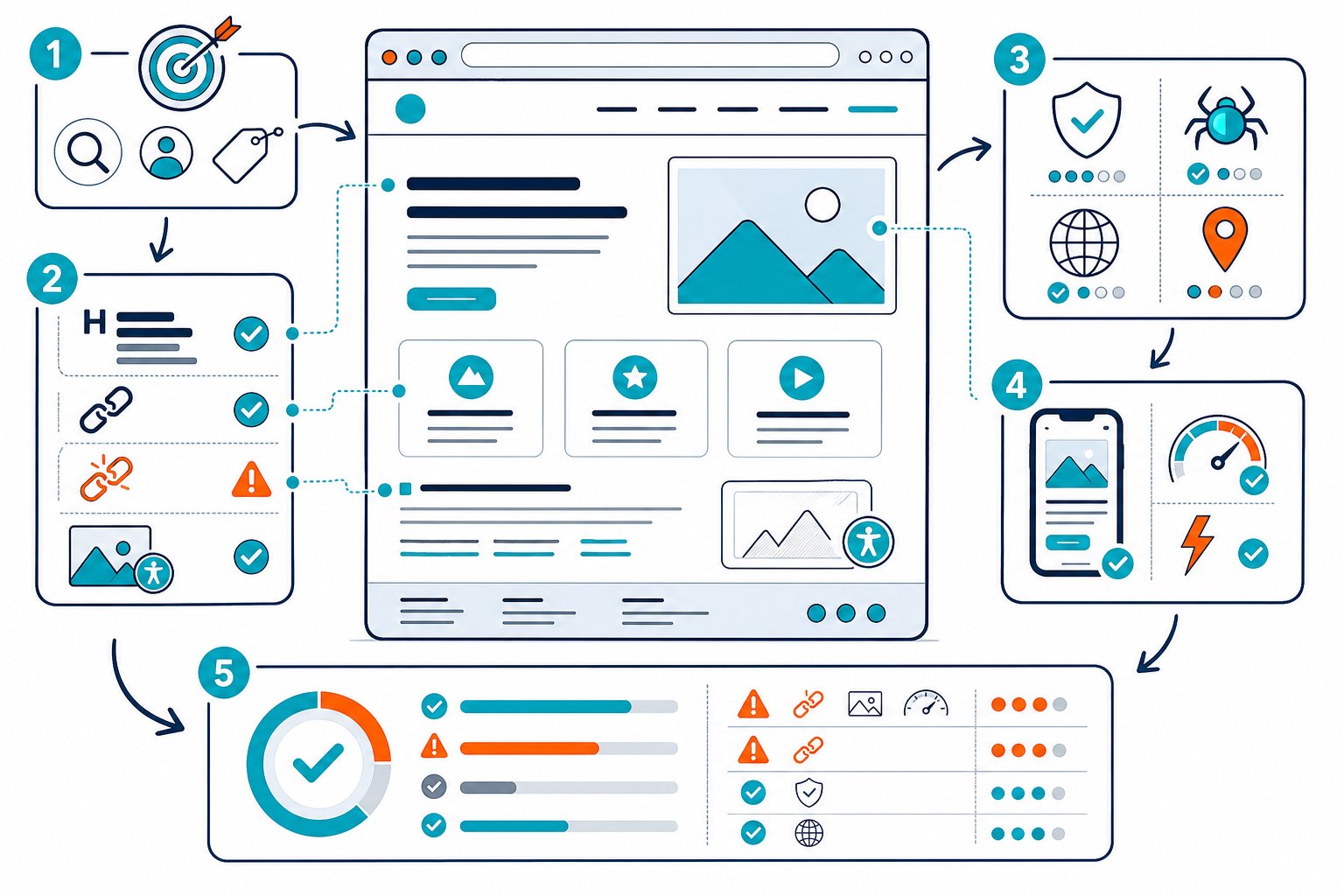 How to Audit a Single Web Page for SEO: Practical Workflow - v2 1isozl fbs4s An illustrated browser webpage surrounded by connected SEO audit icons for content, links, performance, mobile usability, and technical health, ending in a visual summary dashboard.