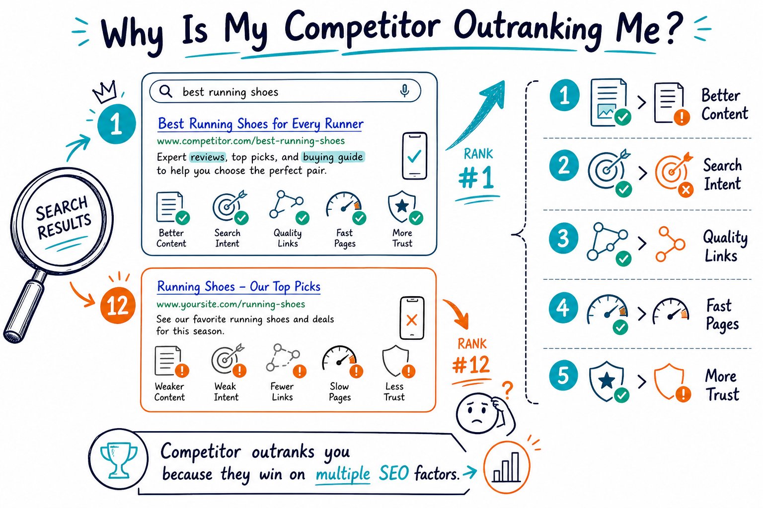 An SEO comparison infographic showing a competitor ranking above a lower webpage result, with arrows and icons representing content, search intent, backlinks, speed, and trust.