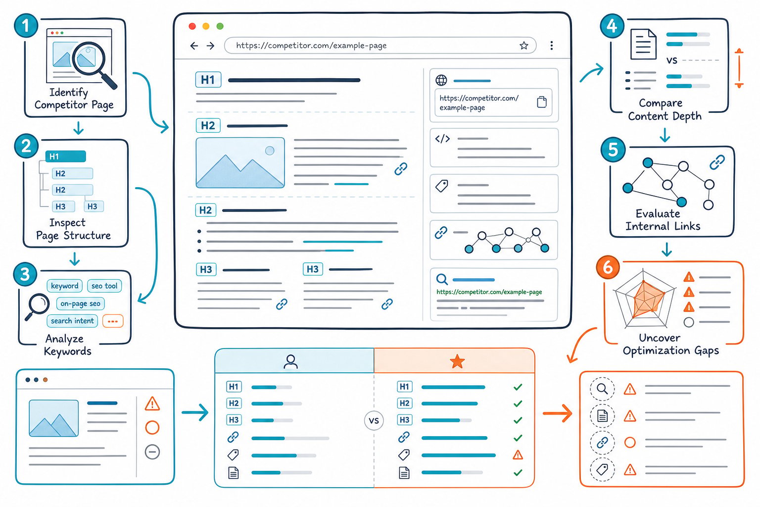An infographic shows a competitor webpage being analyzed through SEO steps including page structure, keywords, content depth, internal links, and optimization gaps.