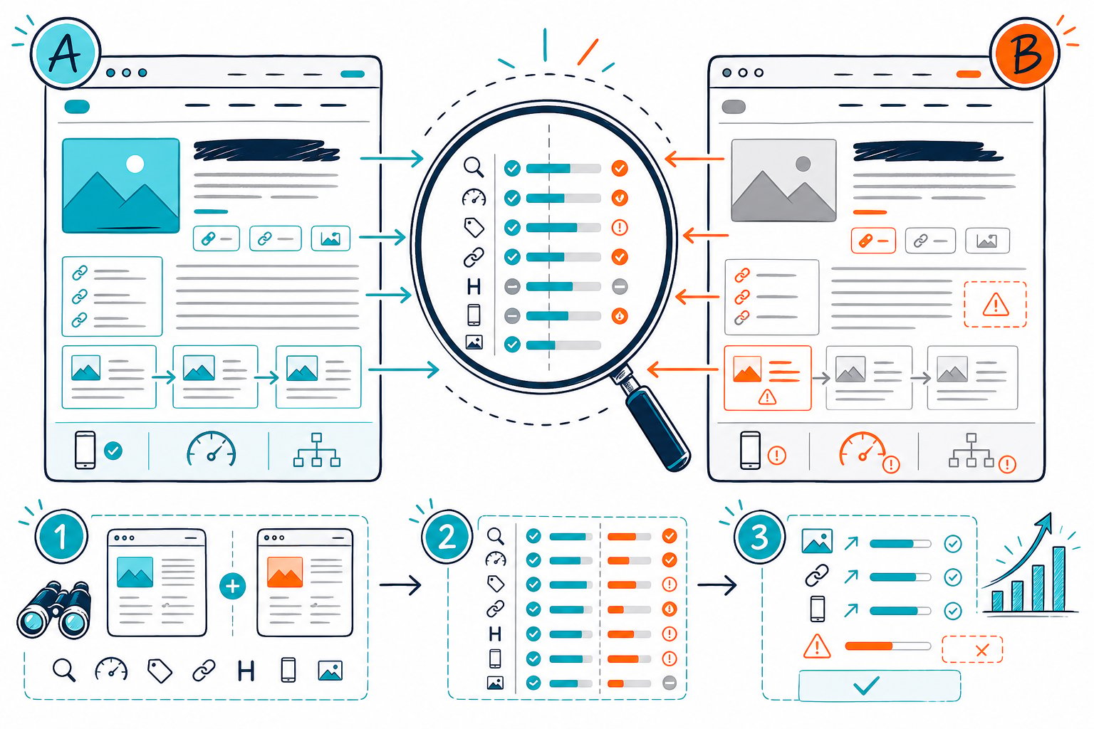 An infographic compares two webpage layouts using SEO icons, connecting arrows, checkmarks, metrics, and improvement indicators.