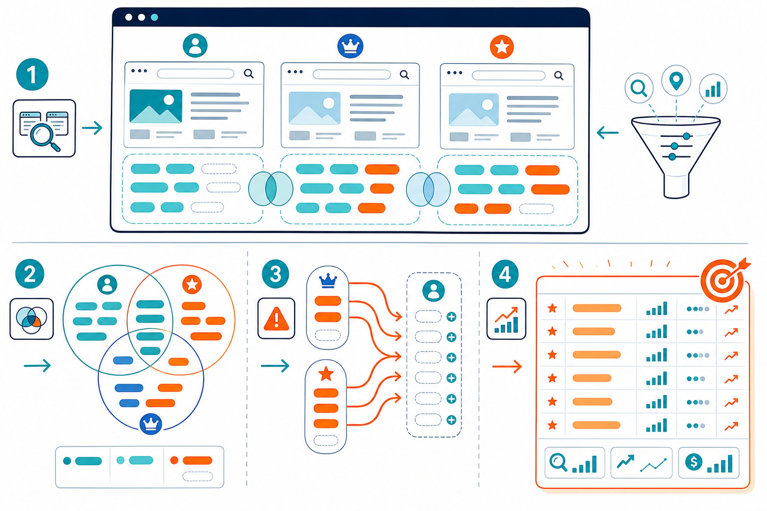 An SEO dashboard compares a website with competitor sites to reveal missing keyword opportunities and prioritize them in a ranked list.
