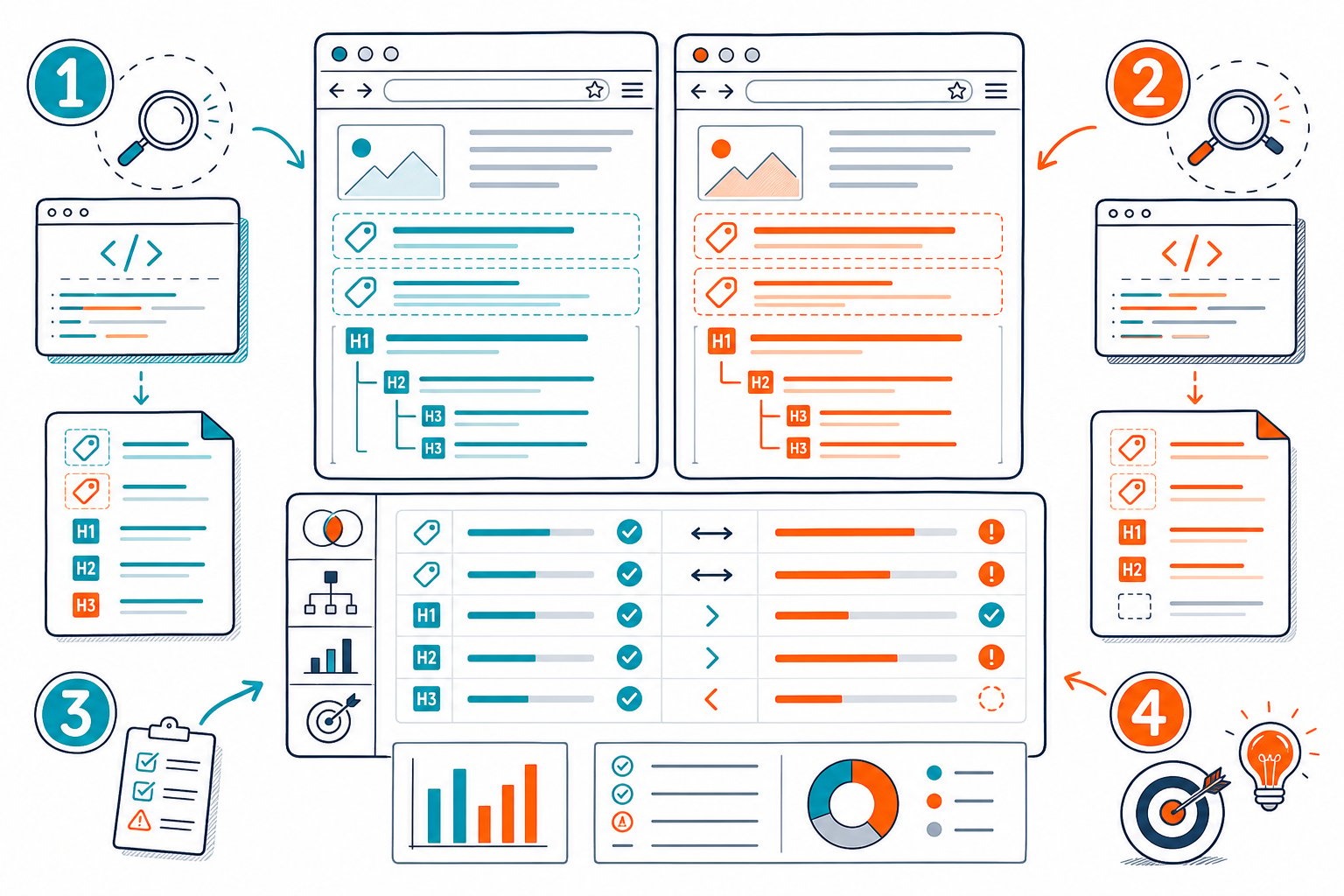 An infographic showing two webpages being compared for meta tags and heading structure through browser panels, SEO icons, arrows, checks, and warnings.
