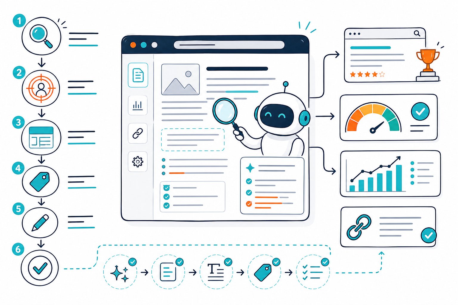 An AI assistant reviews a webpage with SEO icons, content improvements, workflow arrows, and analytics elements.