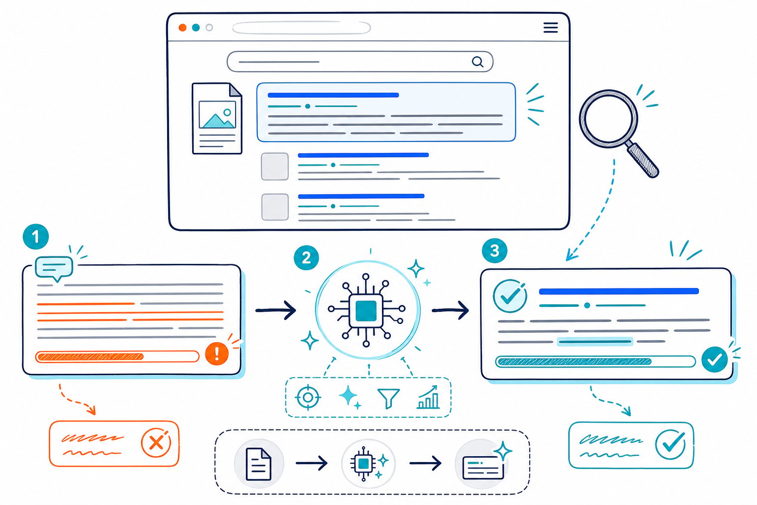 AI Prompt to Rewrite a Meta Description: Improve CTR - v2 1ispng pa4ze An illustration showing an AI workflow that transforms a webpage description into an optimized search-result preview.
