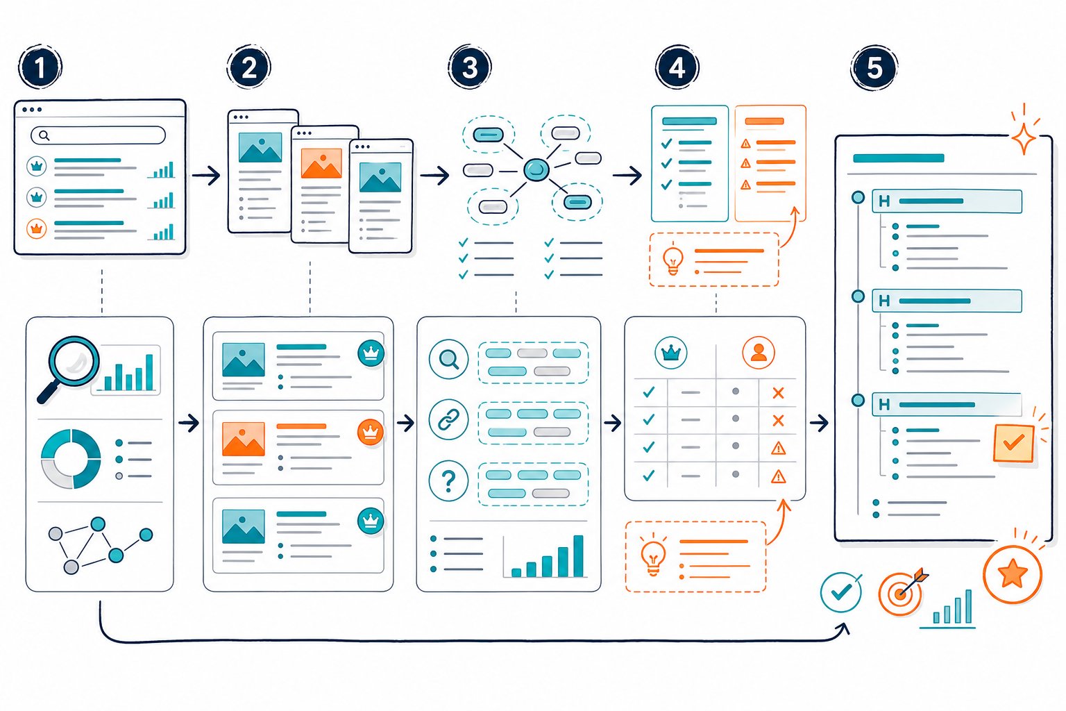 An SEO workflow illustration showing competitor webpages being compared to identify content gaps and organize a structured article outline.