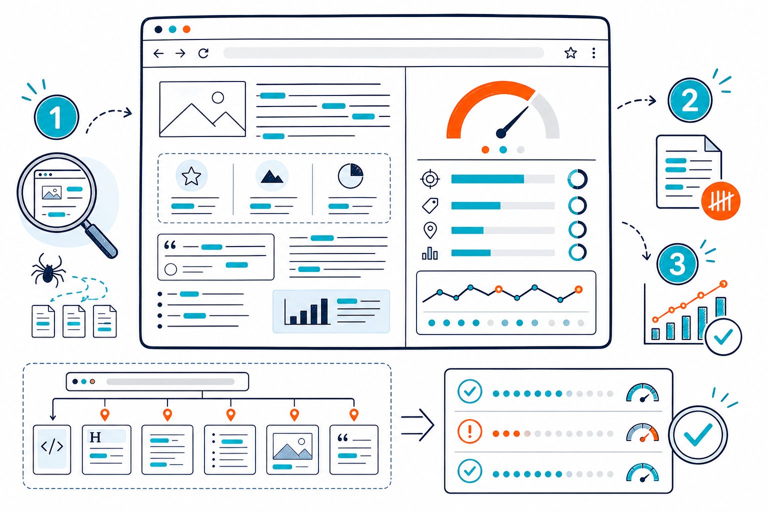 An SEO dashboard analyzes a webpage by highlighting repeated keywords, measuring their frequency, and showing a three-step optimization process.