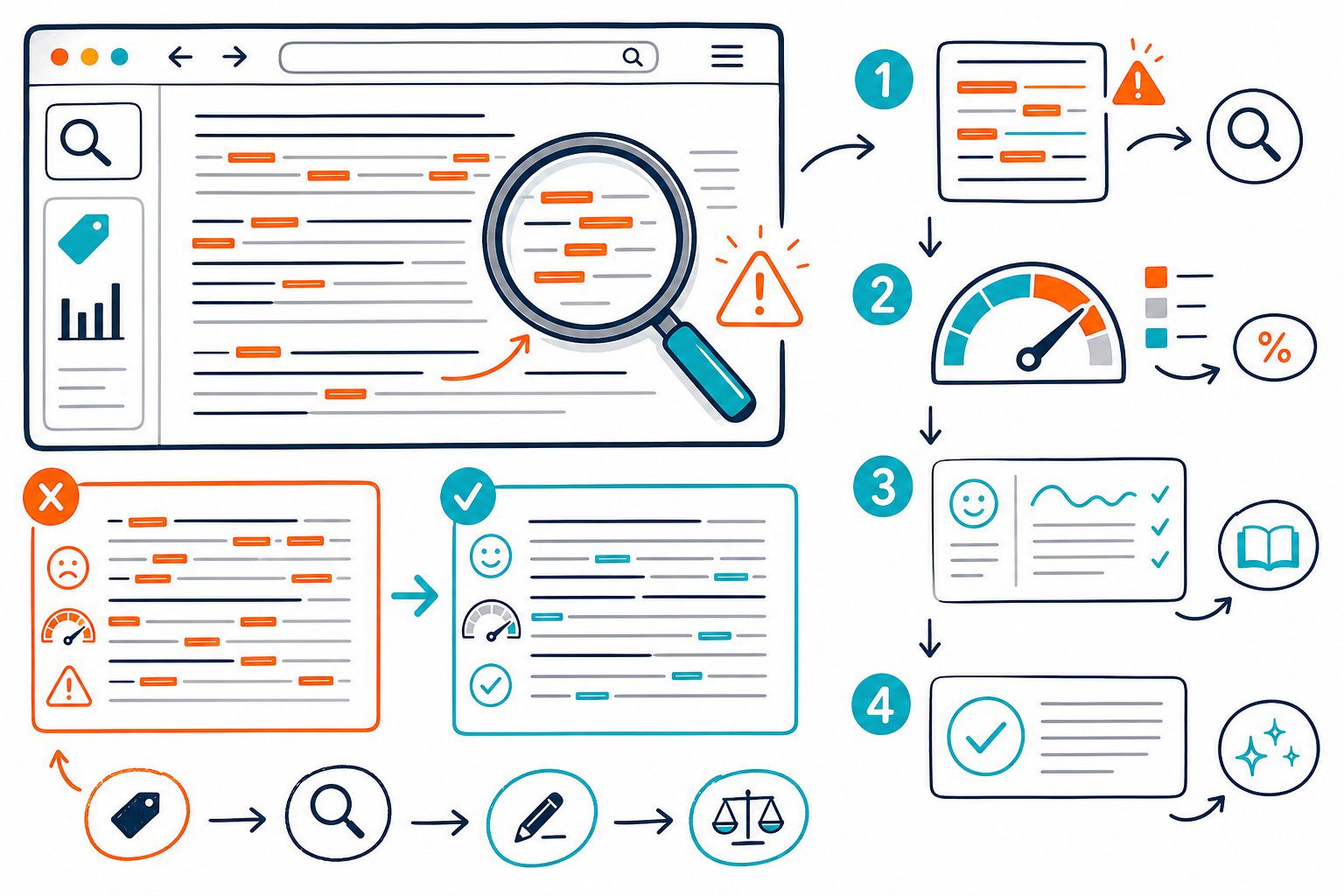 An SEO content audit illustration showing a webpage with repeated keywords being identified and improved for more natural, readable writing.