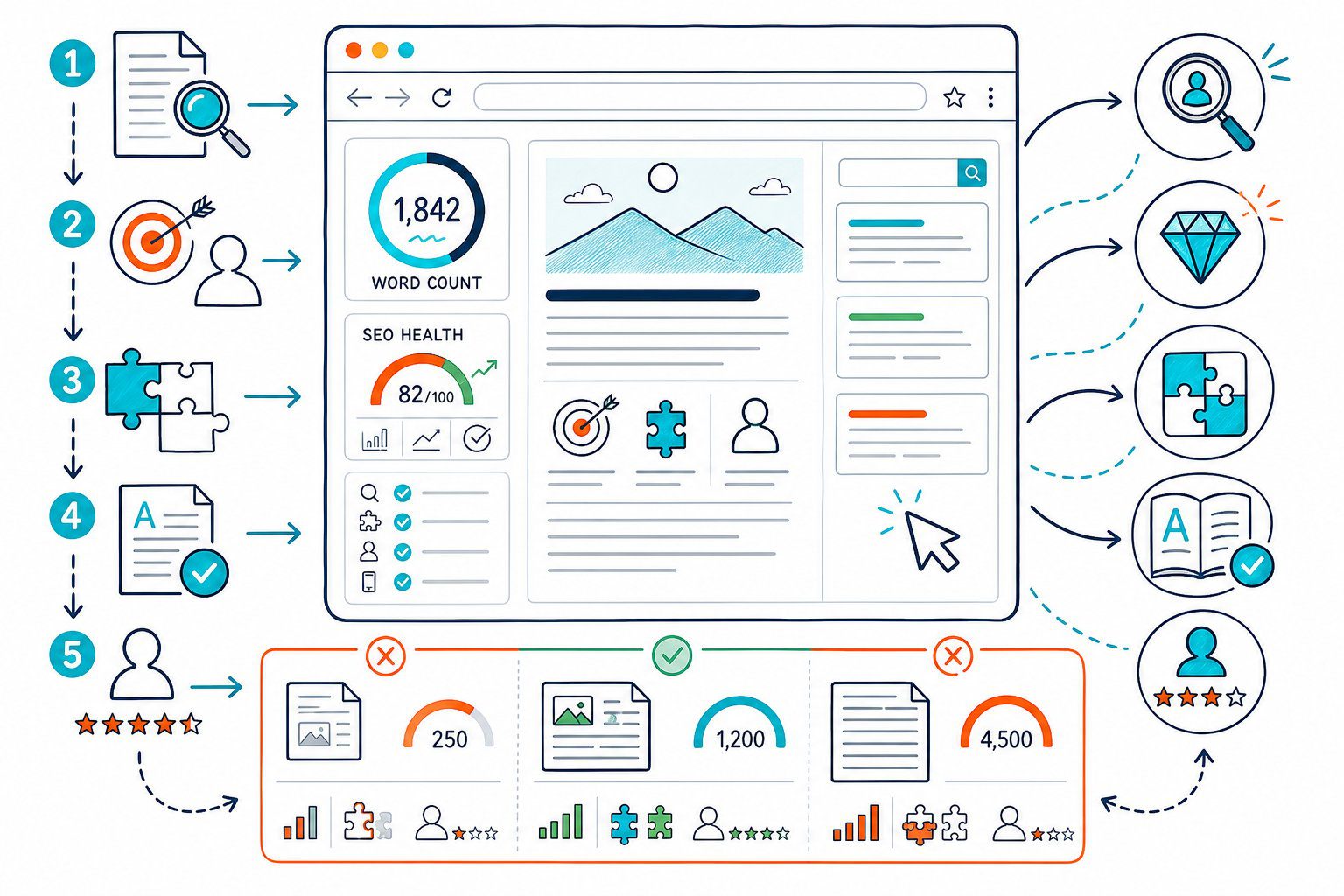 An SEO dashboard illustration showing a website word count analysis connected to search intent, content quality, readability, topic coverage, and user value.