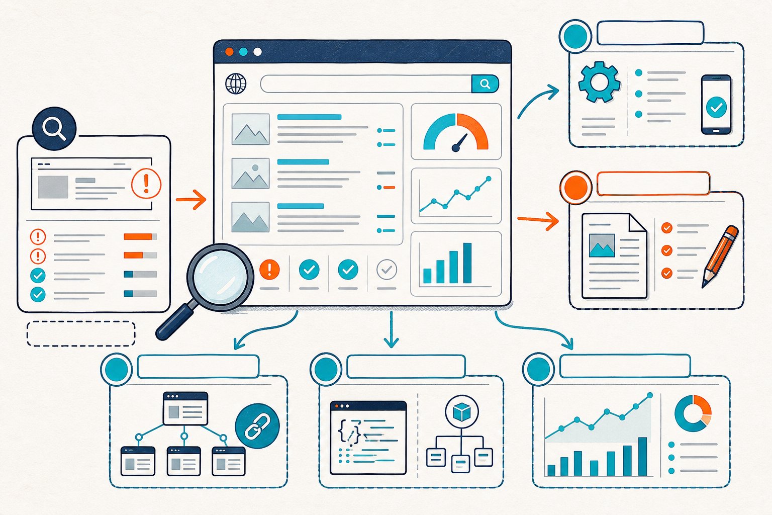 An illustrated SEO dashboard showing a webpage audit branching into several optimization strategies with charts, links, content, and search-related icons.
