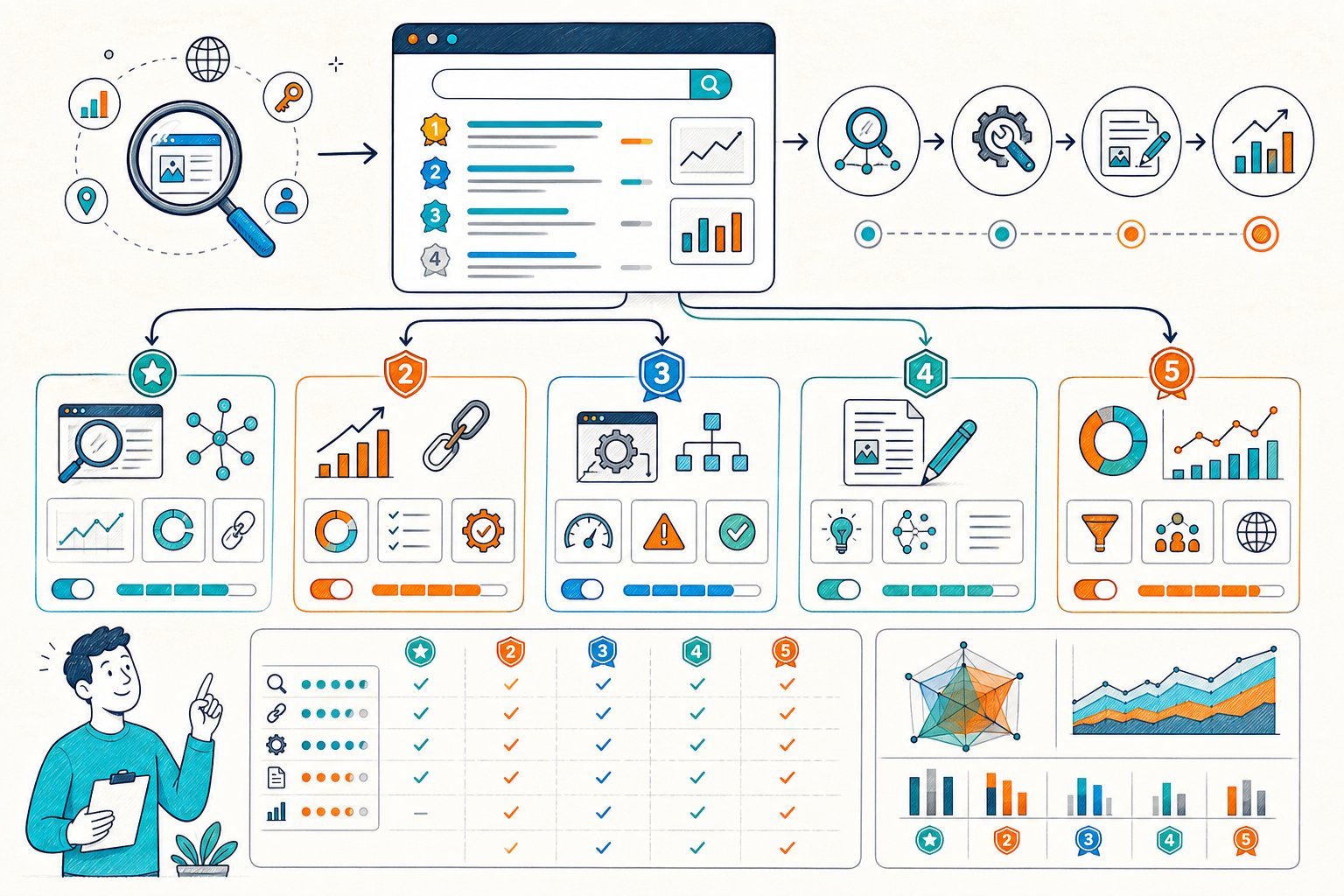 An illustrated SEO comparison dashboard showing several alternative tools with webpage, keyword, ranking, backlink, audit, and analytics icons connected by arrows.